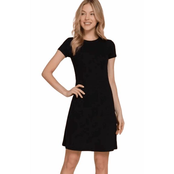 Active Basic USA Short Sleeve Crew Neck A-Line Mini Dress, Black, Medium