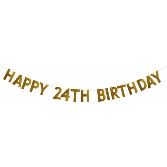 HAPPY 24TH BIRTHDAY Banner，Pre-strung，No Assembly Required，24th Birthday Party Decorations Supplies，Gold Glitter Paper Garlands Backdrops, Letters Gold