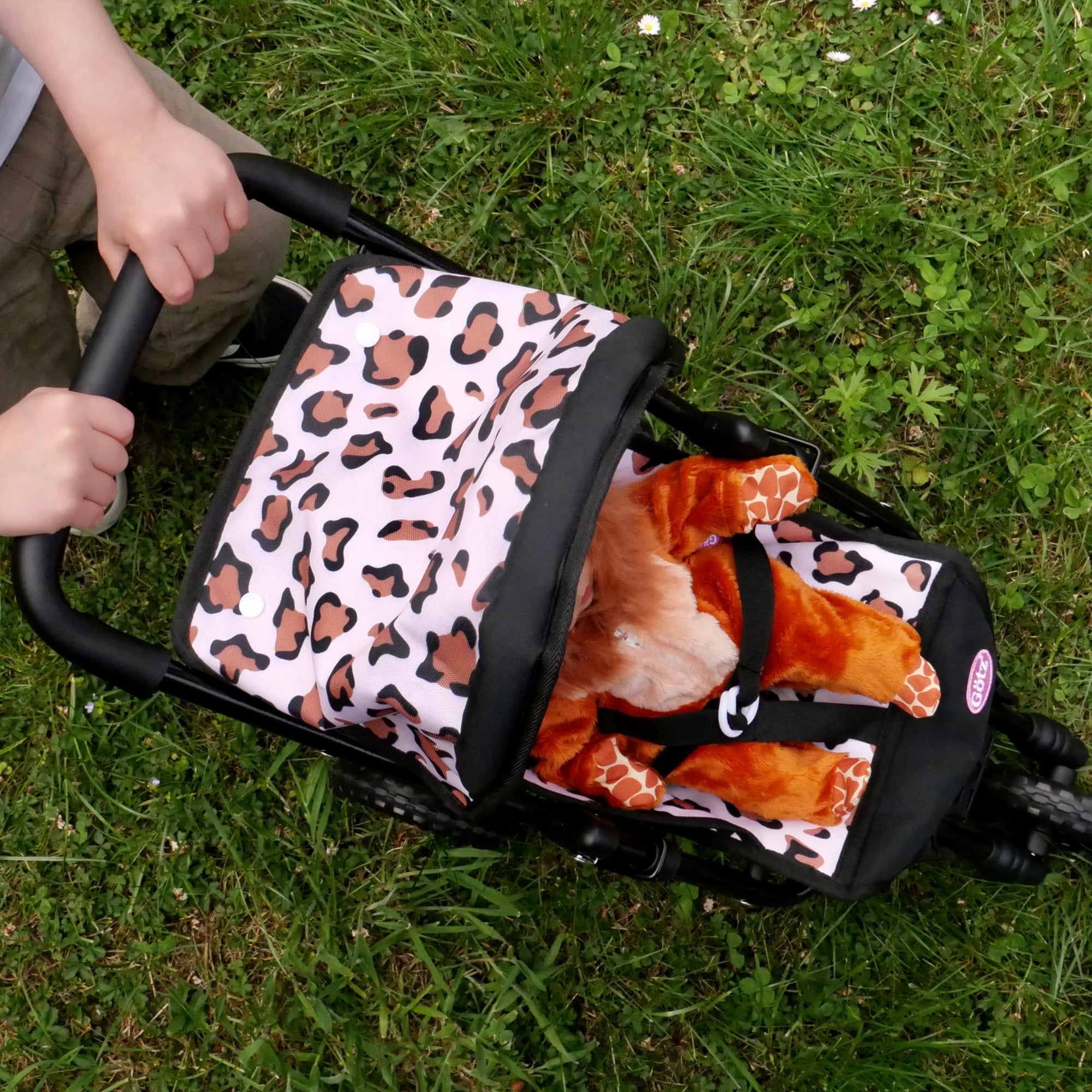 Gotz: 3‑Wheel Doll Buggy - Little Tiger - Animal Print, Foldable Toy Stroller, Push Jogger, Adjustable Sunshade, Storage, Dolls Up to 19.5", Kids 3+