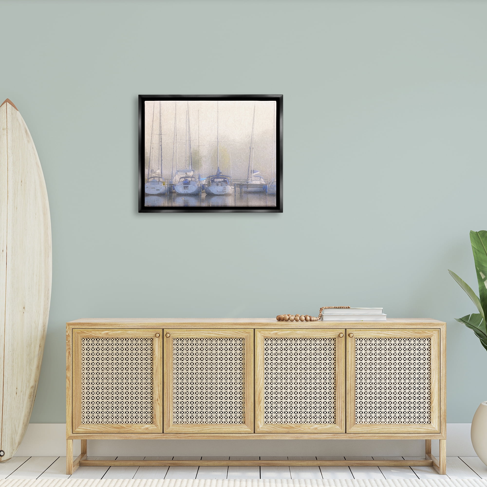 Stupell Docked Sailboats Harbor Reflection Landscape Painting Black Floater Framed Art Print Wall Art
