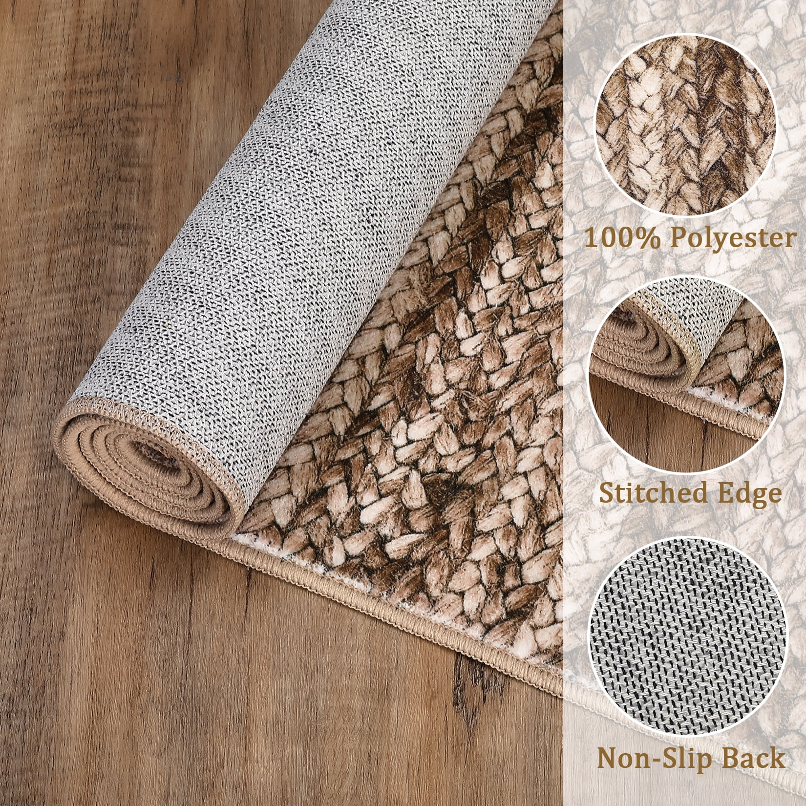 FairOnly 8'x10' Brown Machine Washable Living Room Area Rugs Modern Braided Print Non Slip Rugs for Bedroom Home Office Rug Indoor Floor Carpet