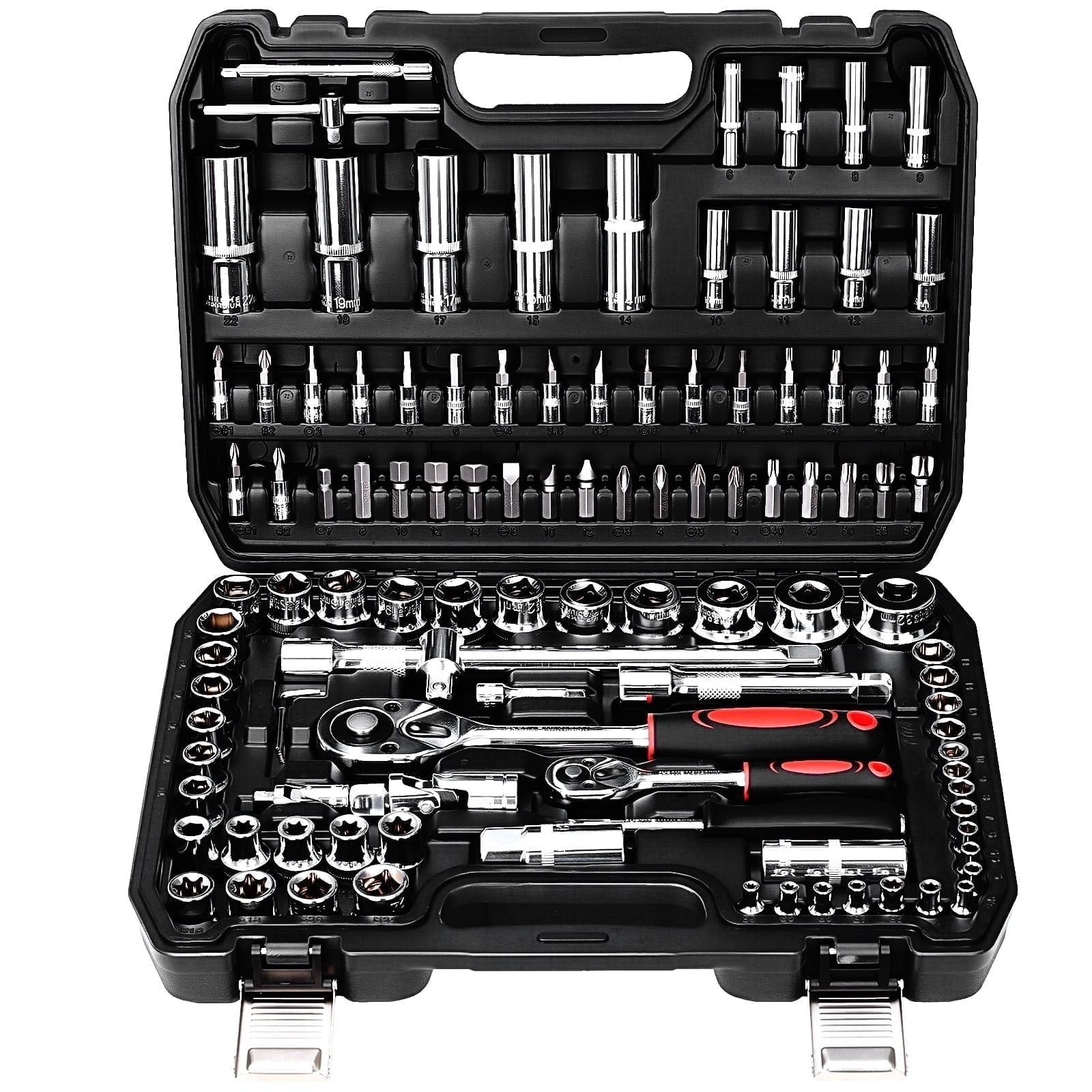 TLGREEN 108 Pcs Mechanic Socket Tool Kit, CR-V Steel Metric and Standard 1/4" & 1/2" Ratchet set, Universal Joint, Extension Bars,Adapter,Ratchet Wrench,Socket Set for Car