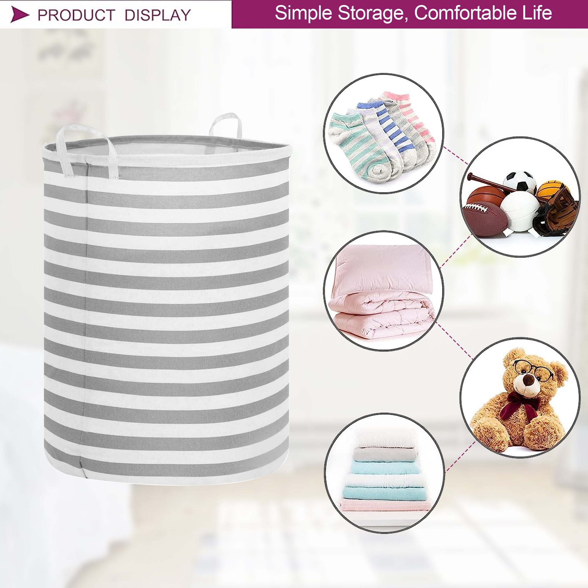 Sortora Large Laundry Hamper, Waterproof Canvas Laundry Basket, Collapsible Storage Basket Bin for Kids Room, Toy Organizer, Nursery Hamper, Clothes Hamper, Gray Stripes