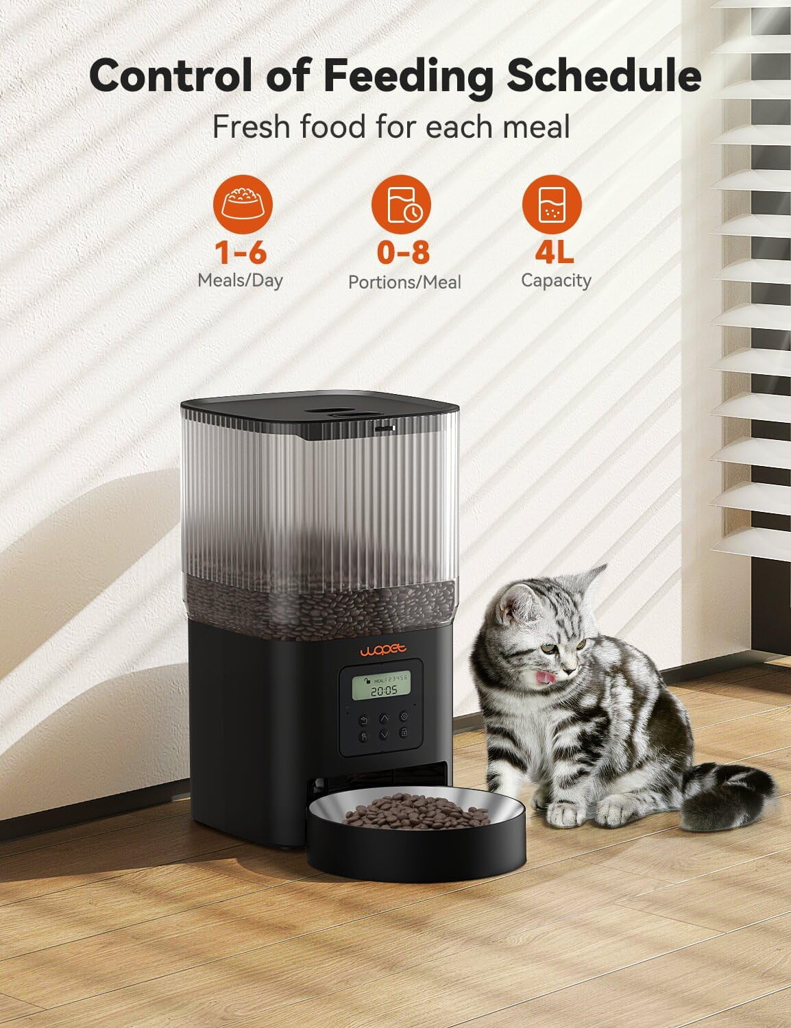 WOPET Automatic Cat Feeder, Cube Lite  11 4L Automatic Dog Feeder with 180-Day Battery Life, Programmable Cat Food Dispenser with Stainless Steel Bowl,1-6 Meals Per Day