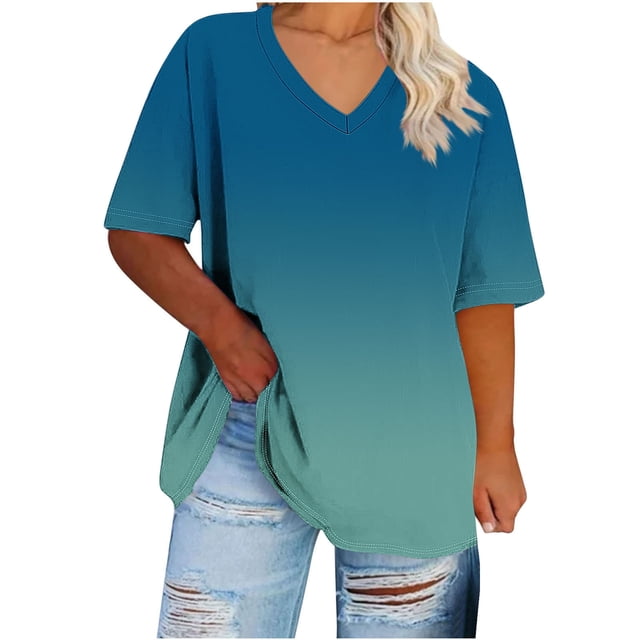 Daiosportswear Womens Oversized Shirts V Neck Plus Size Spring Workout Summer Tops Beach Vacation,Two-color gradient Dark Blue L(L)