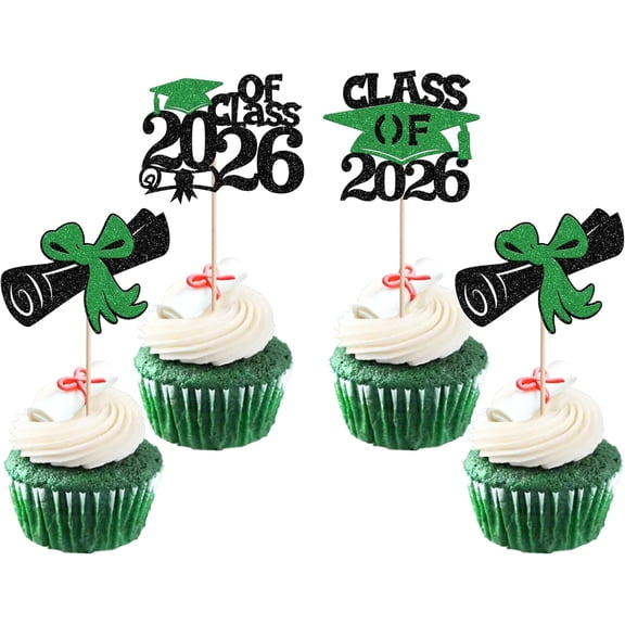 Class of 2026 Graduation Cupcake Toppers, Green and Black Glitter, Diploma and Cap Designs, 12 Pack