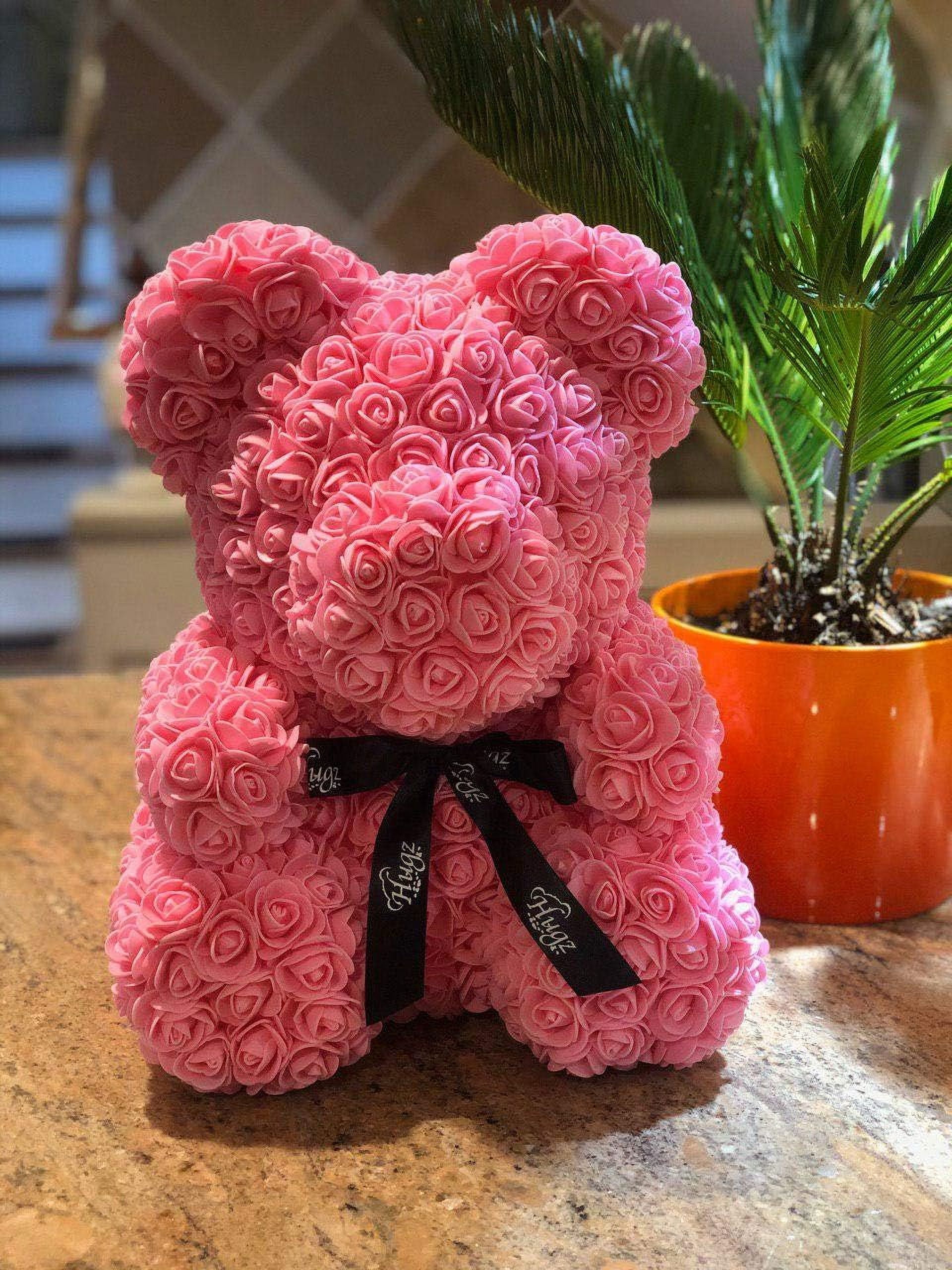 Rose Flower Bear - The 16 inch Hugz Teddy Bear with Over 20 Dozen Artificial Flowers - Best Gift for Valentines Day, Anniversary, Birthdays, Co-Workers & Bridal Showers (Pink) - w/Clear Gift Box