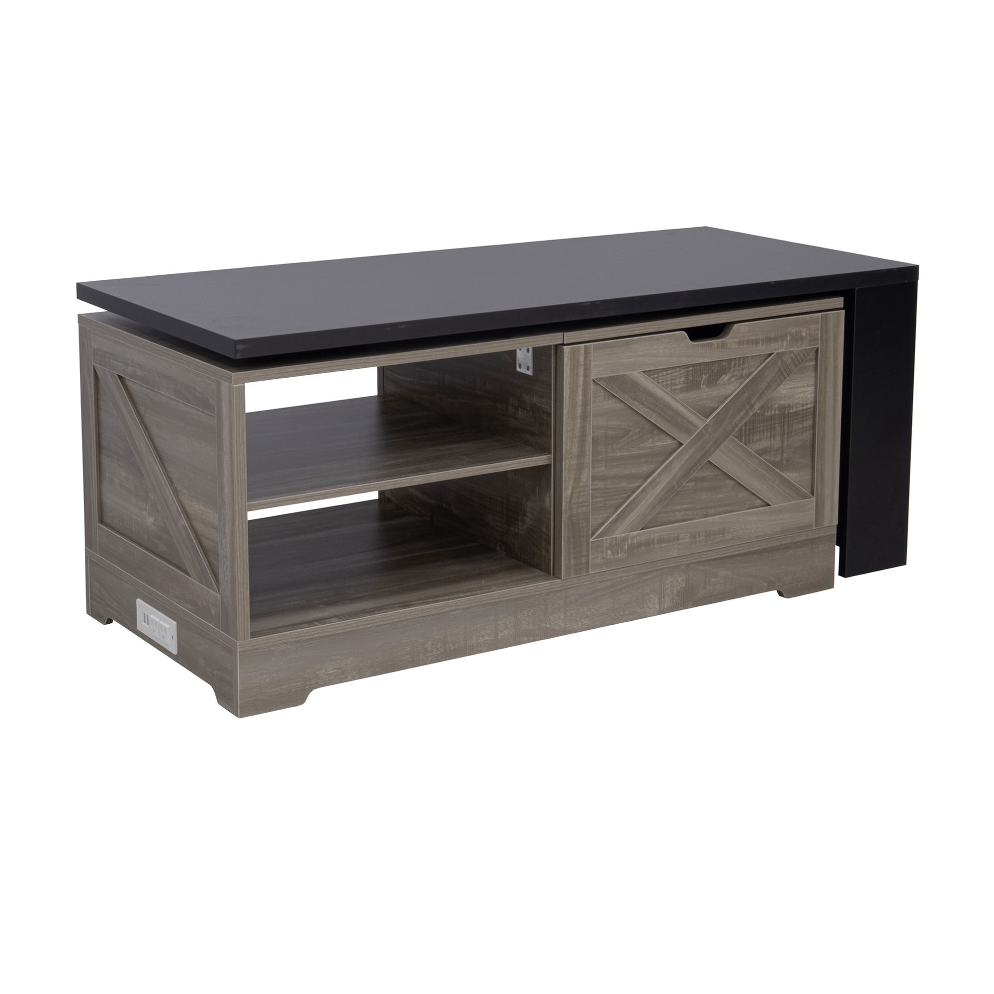 Leumius Lift Top Coffee Table with Storage,Rectangle Wood Center Table With Barn Doors and Open Cabinet, For Living Room, Bedroom, Home Office,Brown+Black