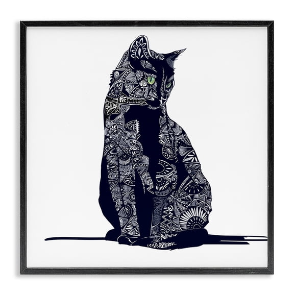 Stupell Industries Bohemian Fractal Patterned Black Cat Black Framed Giclee Art, 12 x 12, by Emily Kalina