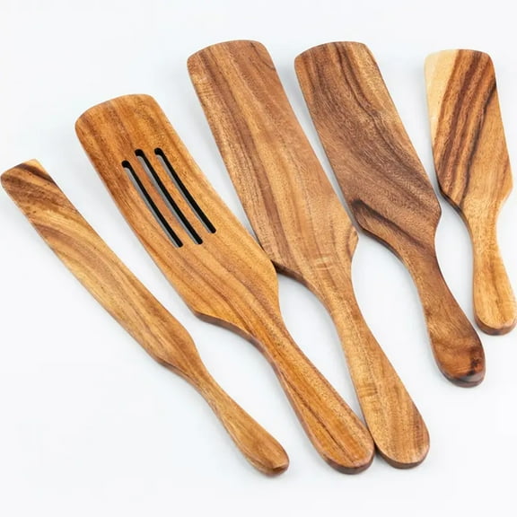 BYXAS 5 Pcs Wooden Spatula Set, Natural Teak Wooden Spoons for Cooking, Nonstick Cookware Safe Kitchen Utensils Set, Durable & Elegant Cooking Utensils Gift Set