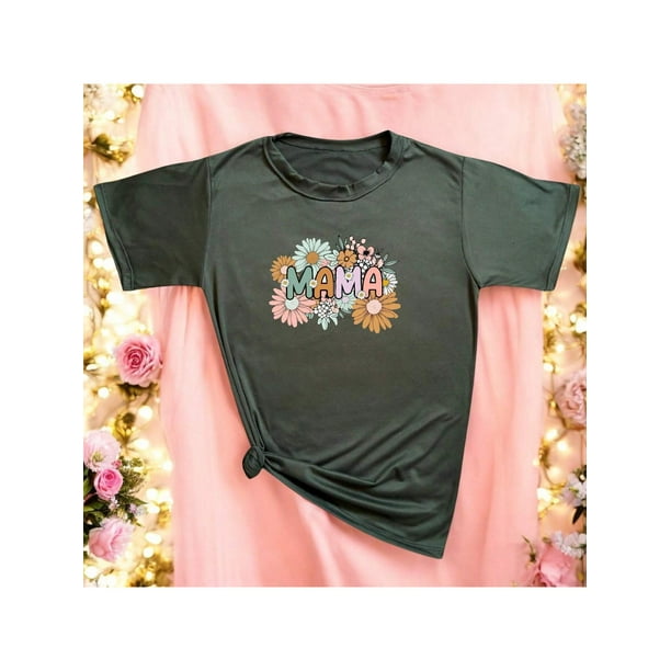 Playera Blusa Mujer De Mamá con Estampado de Flores Ropa Casual y Bonita para Día de la Madre Color Verde Oliva Talla Extra Grande Marca Emil SaEs