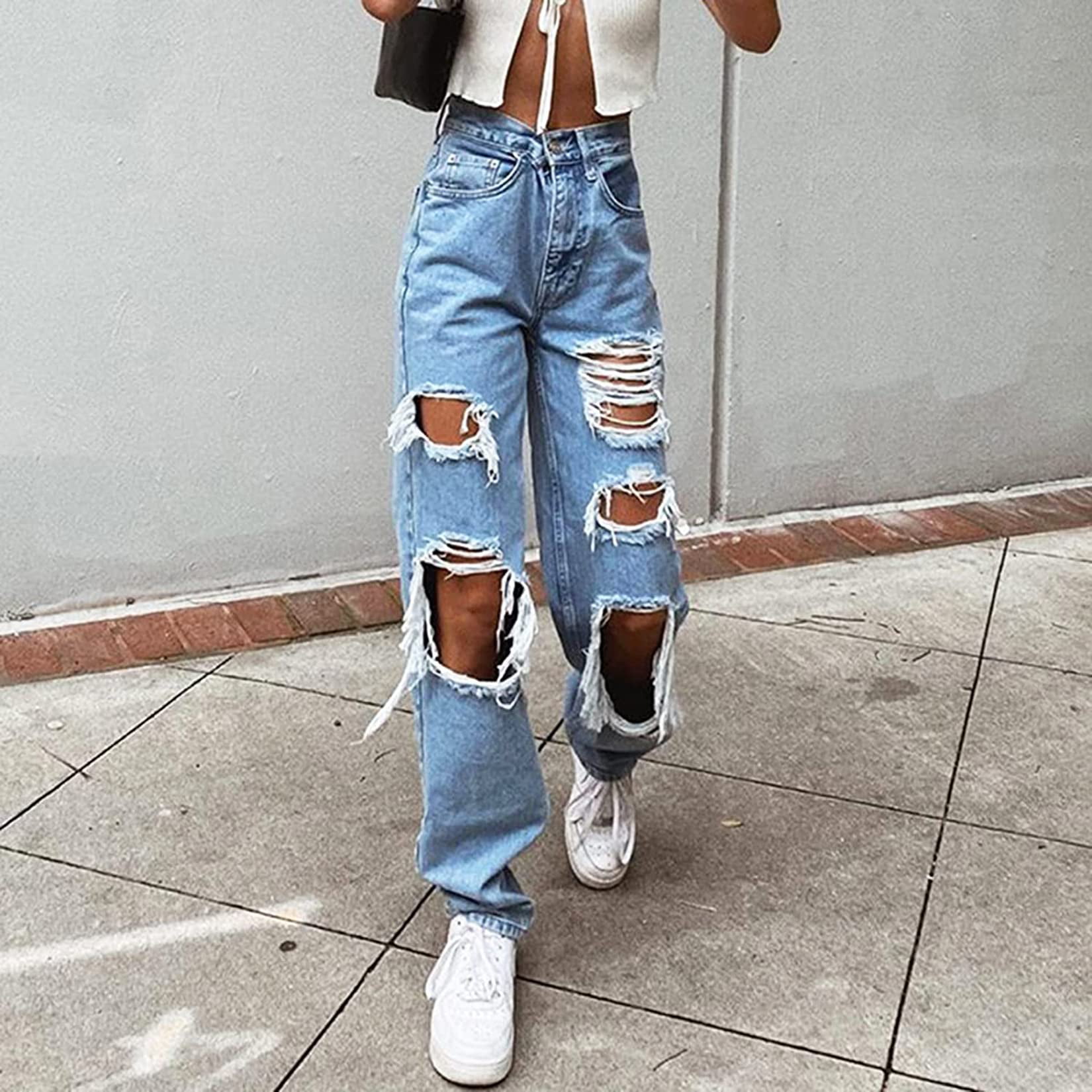 FiveShops Women Ripped Black Jeans High Waisted Baggy Boyfriend Pants Teen  Girls Straight Leg Vintage Denim Black M : : Clothing, Shoes &  Accessories