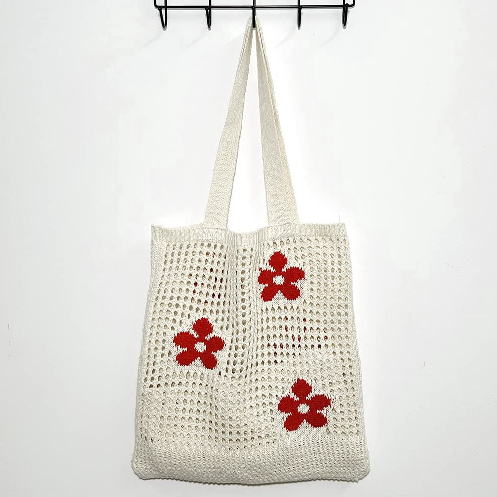 CoCopeaunt Crochet Bags for Women Knitted Tote Bag Faircore Hobo Bag Aesthetic Fairy Grunge Tote Bag Hollow Shoulder Handbags