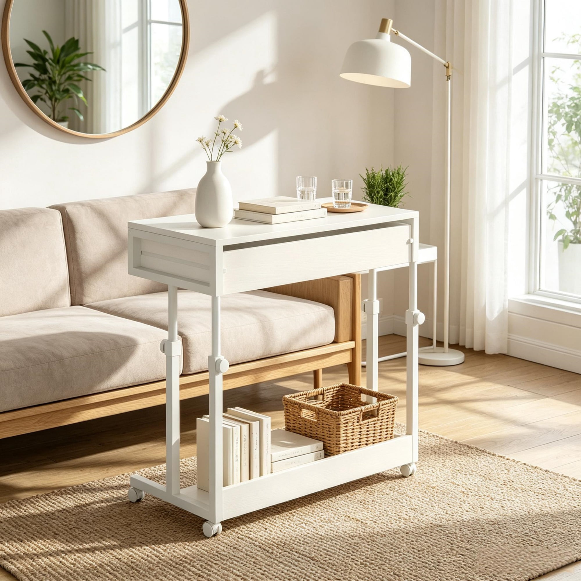 Astoutdoor Mobile Side Table Height Adjustable Portable Desk with Storage Drawers