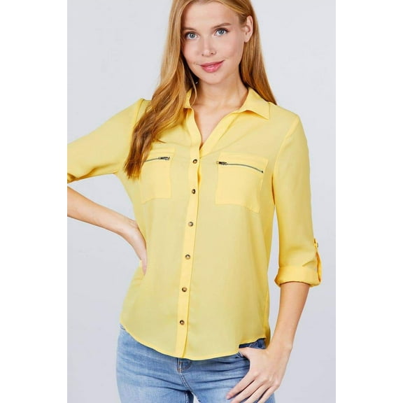 3/4 Roll Up Sleeve Pocket W/zipper Detail Woven Blouse