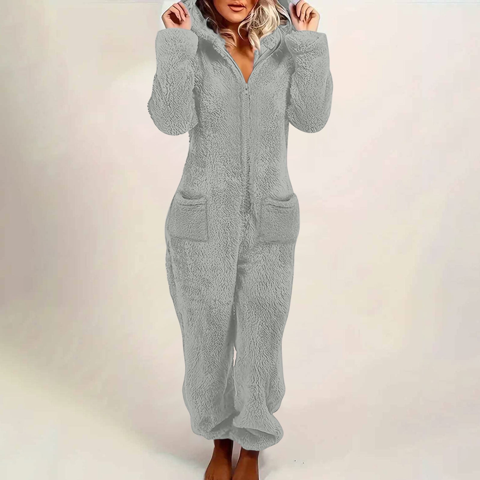 Frostluinai Womens Fleece Onesies Pajamas Jumpsuit Warm Sherpa Romper Sleepwear One Piece Zipper Hooded Playsuit Loungewear with Pocket