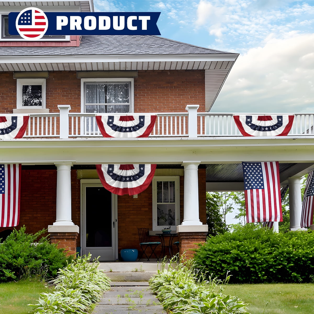 Tivamiko 1pcs 2x4ft Patriotic Pleated Fan Flags with Embroidered Stars- American Bunting for 4th of July Porch & Garden Décor