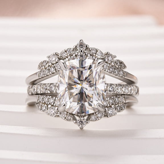 Kalapi Jewel 14K White Gold Plated 1.5 Ct Cushion Cut Moissanite Engagement Ring with Enhancer Band - Beautiful Women's Jewelry - Ring Set for Wedding or Special Occasion - Bridal Ring Set