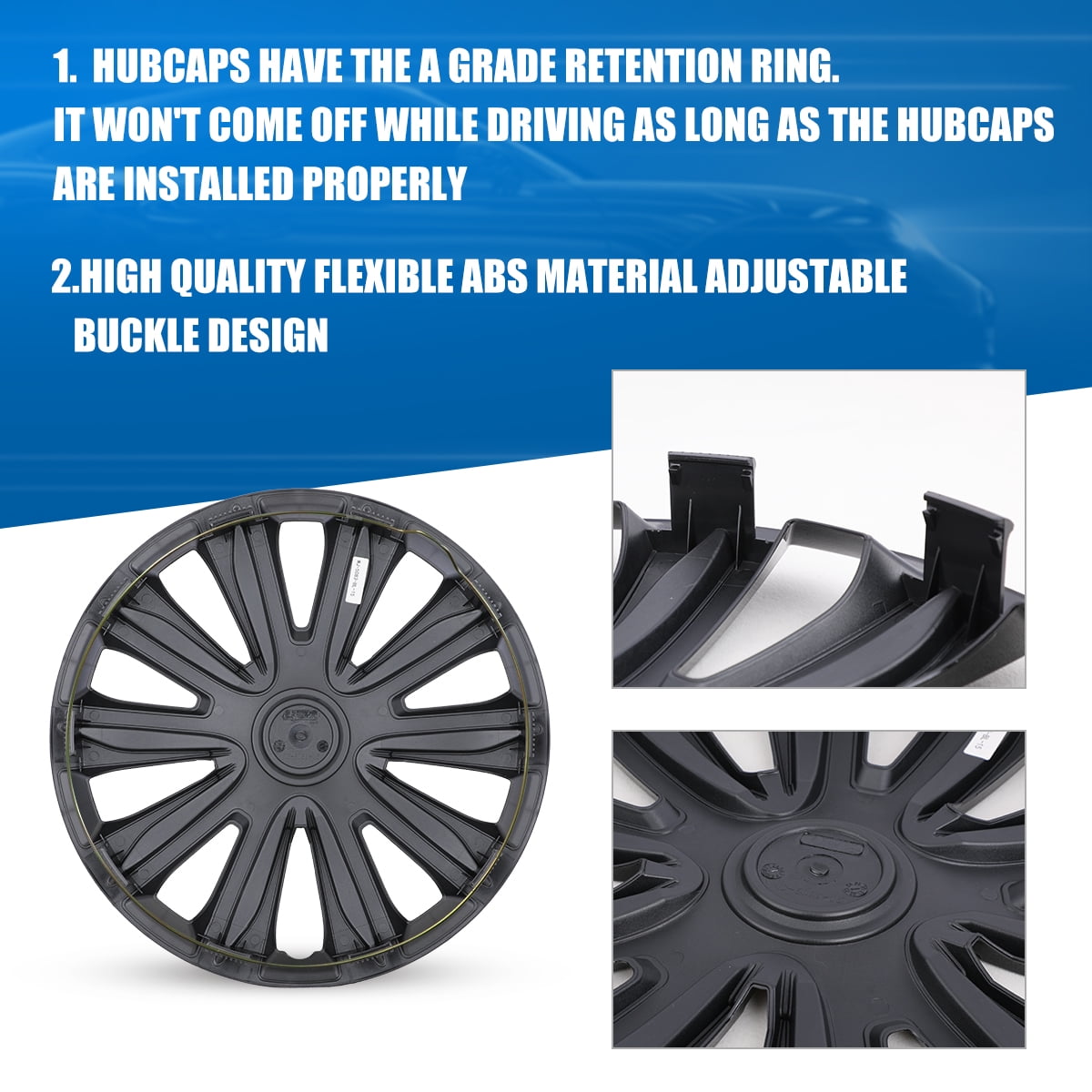 4Pcs Set 15 inch Universal Hubcaps,Wheel Covers Fit R15 Tire & Steel Rim,Snap on Car Truck SUV,ABS+PC Material,Black Lacquer