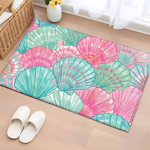 Green Pink Shell Entryway Rug 2'x3' Non Slip Front Door Mats, Coastal Summer Beach Ocean Conch Entrance Rugs Indoor Outdoor Carpet, Washable Floor Mats Small Area Rug for Bedroom Kitchen