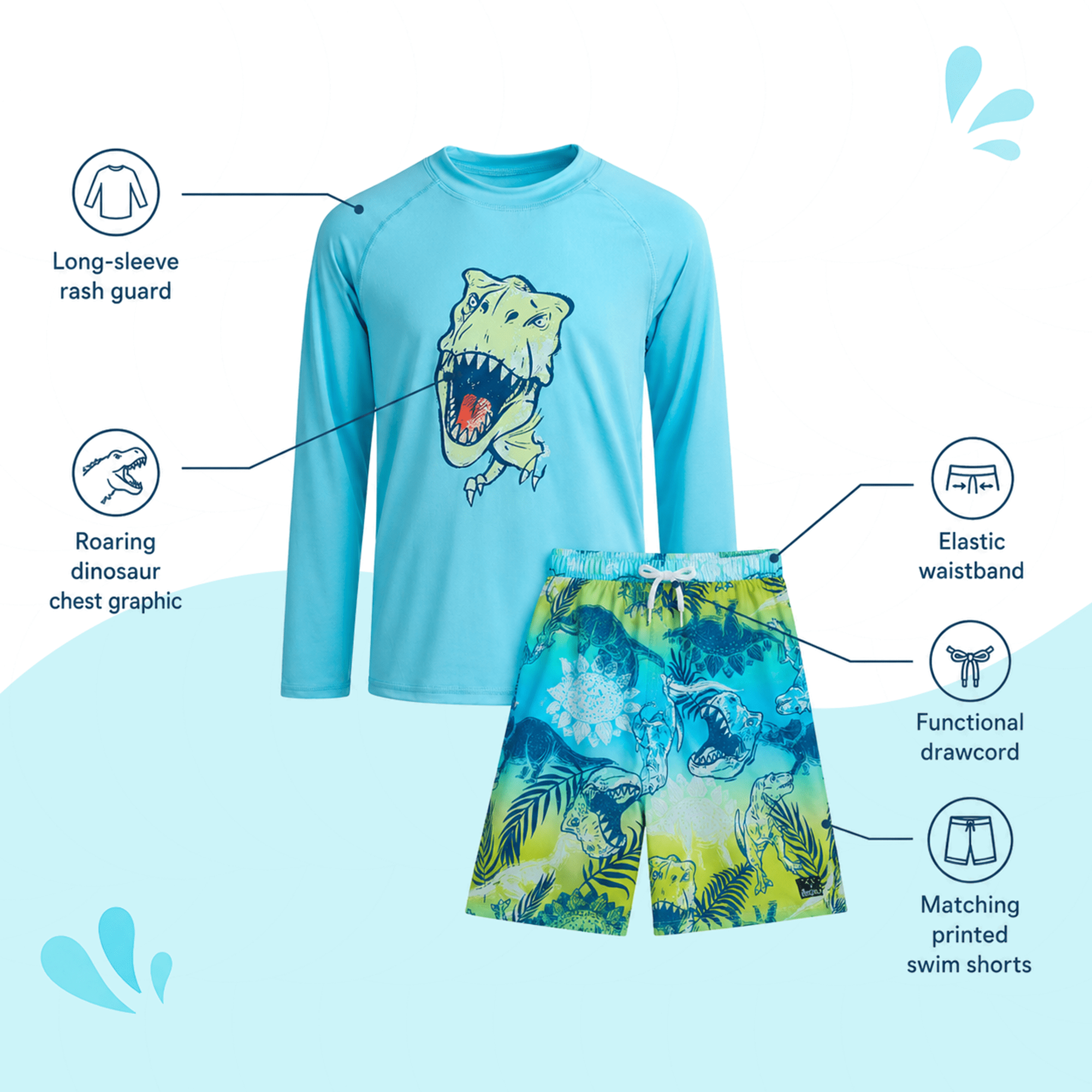 Big Chill Boys Swim Set - Boys Rash Guard Swim Set - UPF 50+ Rash Guard Long Sleeve Swim Shirt Board Short Swim Trunks (5-14)