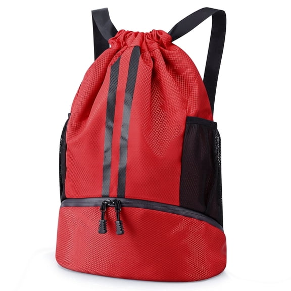Bocaoying 3-Compartment Sports Drawstring Backpack, Water-Resistant Gym Bag with Wet/Dry Separation, Side Pockets & Zipper Pocket, Lightweight Swim Soccer Basketball Sack