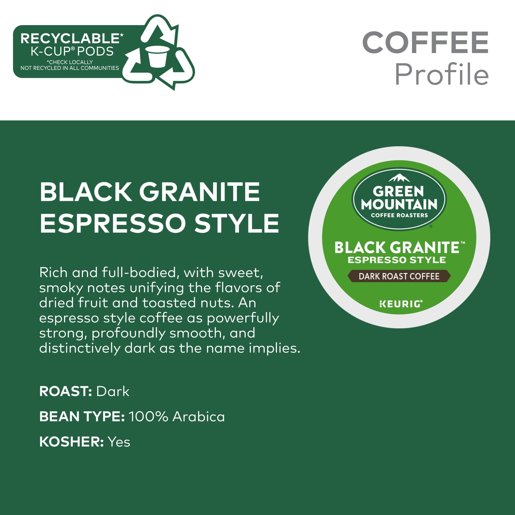 Green Mountain Coffee Roasters Black Granite, Keurig Single Serve K-Cup Pods, Espresso Style Dark Roast, 96 Count