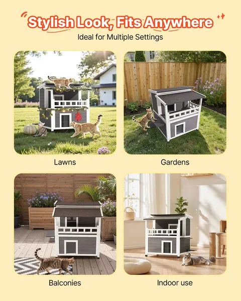 Insulated 2 Story Wooden Cat House with Foam Balcony Waterproof Indoor Outdoor Shelter for 1-3 Cats Winter 33 x 29.5 x 32 in