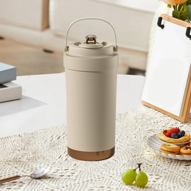 Taza de café de cerámica con pajita - Vaso aislado de doble pared | Mango portátil | Acabado mate y metálico | 500ml | Boca Ancha Fácil de Limpiar | Múltiples colores | 1 pieza