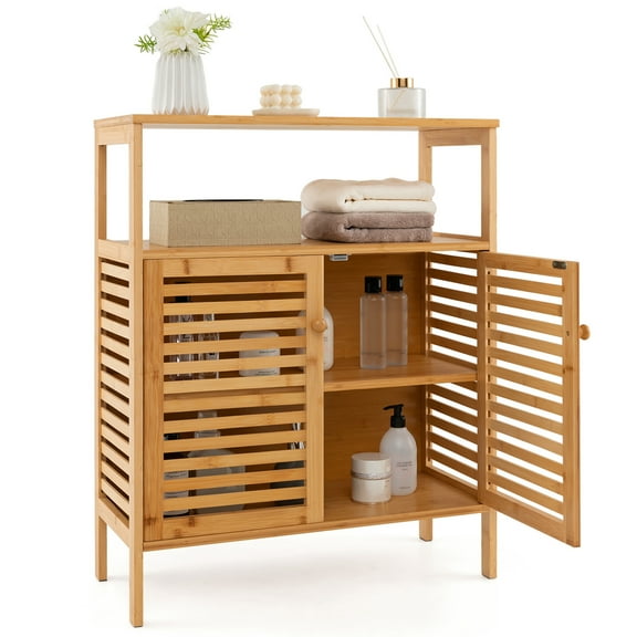 Costway Bamboo Storage Cabinet with Double Louvered Doors Open Shelf & Removable Shelf
