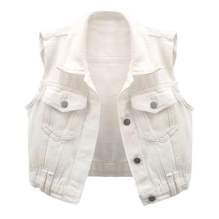 Sleeveless Lapel Denim Jacket For Women Solid Color Single Breasted Jean Vest Jacket Commute Office Jeans Waistcoat With Pocket