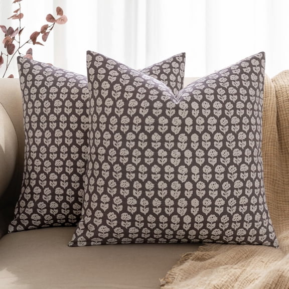 Block Print Pillow Covers 20x20 Inch Set of 2, Vintage Floral Throw Pillow Cases Neutral Linen Farmhouse Cushion Covers for Couch Sofa Bed Chair Living Room, Light Taupe