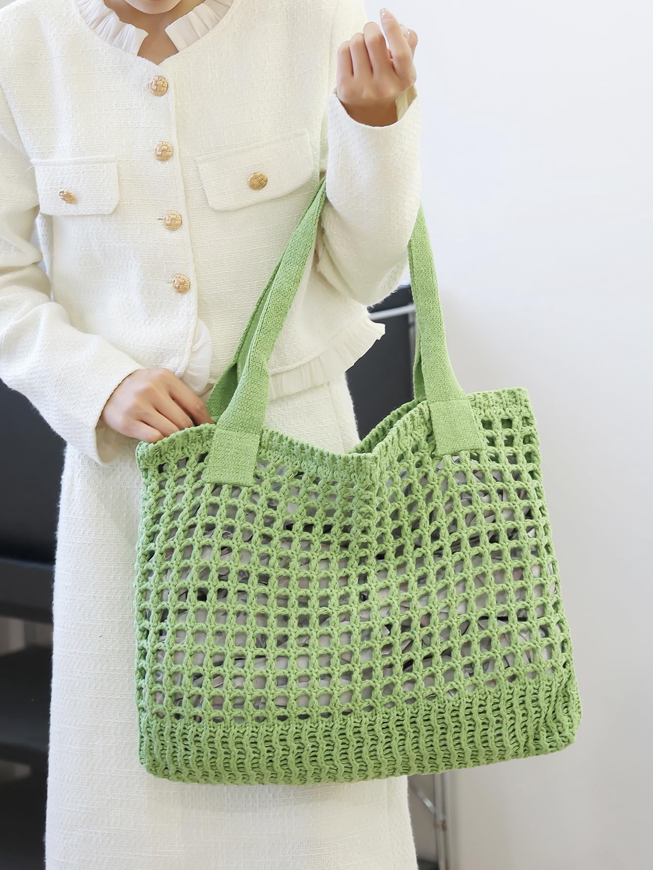 Women's Beach Tote Bag, Crocheted Knit Hollow Design, Stylish & Spacious Tote for Beach,Travel,and Everyday Use,Cute Aesthetic Summer Handbag(khaki)