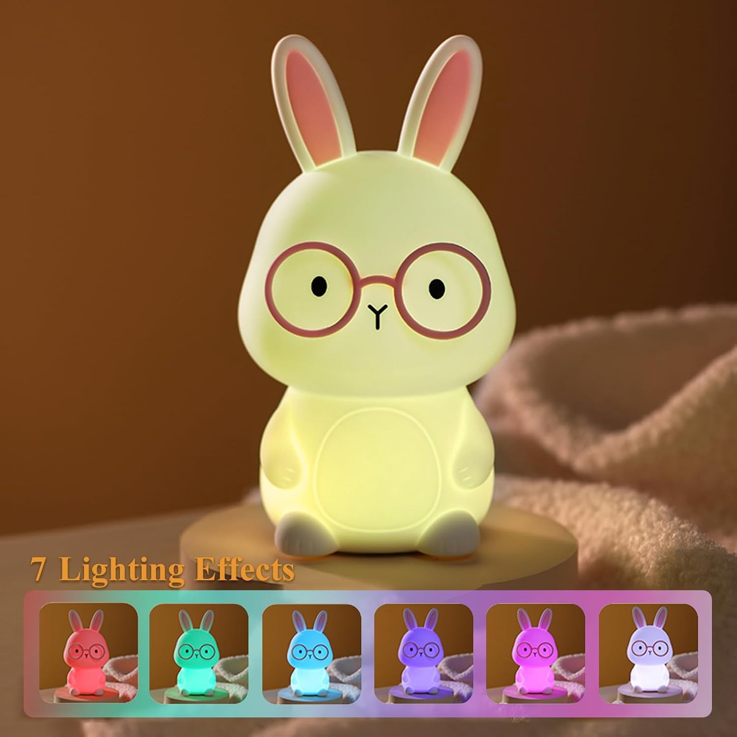 Bunny Night Light for Kids, Cute White-Pink Silicone Rabbit Lamp, 7 Colors RGB & 3-Level Warm Light, 30-Min Timer Rechargeable Touch Night Light, Easter Gifts for Baby Toddlers