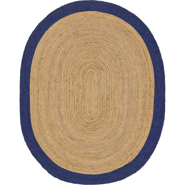 Unique Loom Braided Jute Solid Color Rug 8' x 10' Oval Natural/Navy Blue