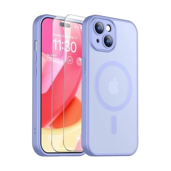Eryueer for iPhone 15 Case, Magnetic Translucent Matte Case with 2PCS Tempered Glass Screen Protector Slim Phone Case for iPhone 15 6.1'', Light Purple