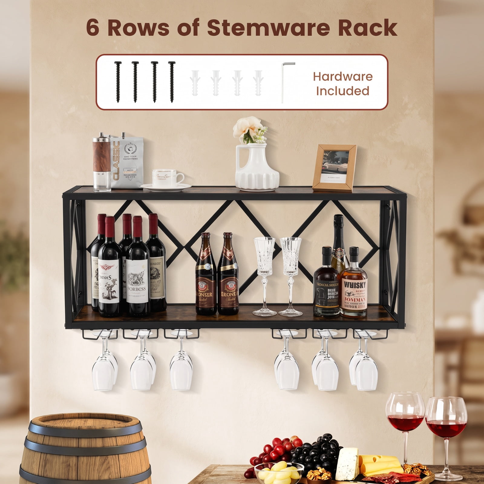 RUIE Wall Mounted Wine Rack for 39 Bottles and 12 Glasses, Metal Wood Hanging Wine Bottle Holder with Stemware Rack for Kitchen - Rustic Brown Black