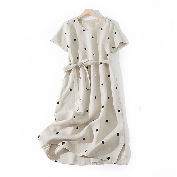 QUNYINEY Short Sleeve Summer Dresses for Women A Line Polka Dot Linen Long Dresses Collared Loose Fit Vacation Dresses