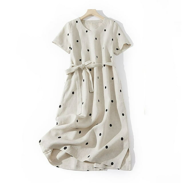 Fartey Robes d'Été pour Femmes Rétro à Pois en Coton et Lin Robe Midi Décontractée Ample à Manches Courtes à Cordon Robe de Plage d'Été Respirante Fluide Robe Quotidienne