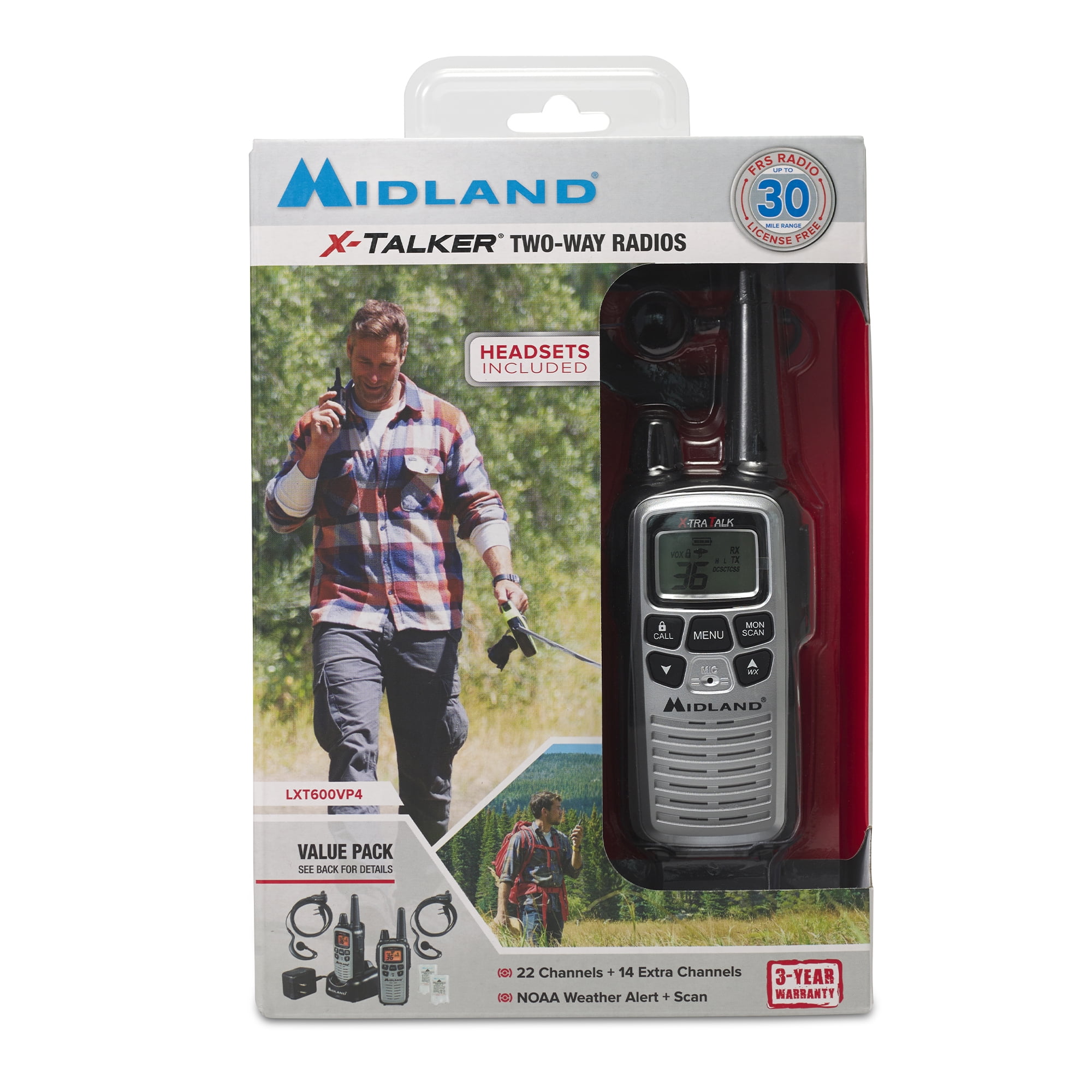 Midland - LXT600VP4 - Two Way Radio - Pair of LXT600 FRS Radios with Headset - Walkie Talkie 2 Pack - NOAA Weather Alert with Weather Scan Technology Midland LXT600VP4 Two-Way Radios 2-Pk 30-Mile 36-Channel, Black