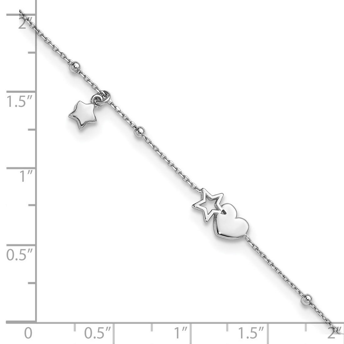 0.6mm Ss Rhodium Plated Love Heart and Stars With Stations Plus 1in Extension Anklet 9 Inch Anklet for Women