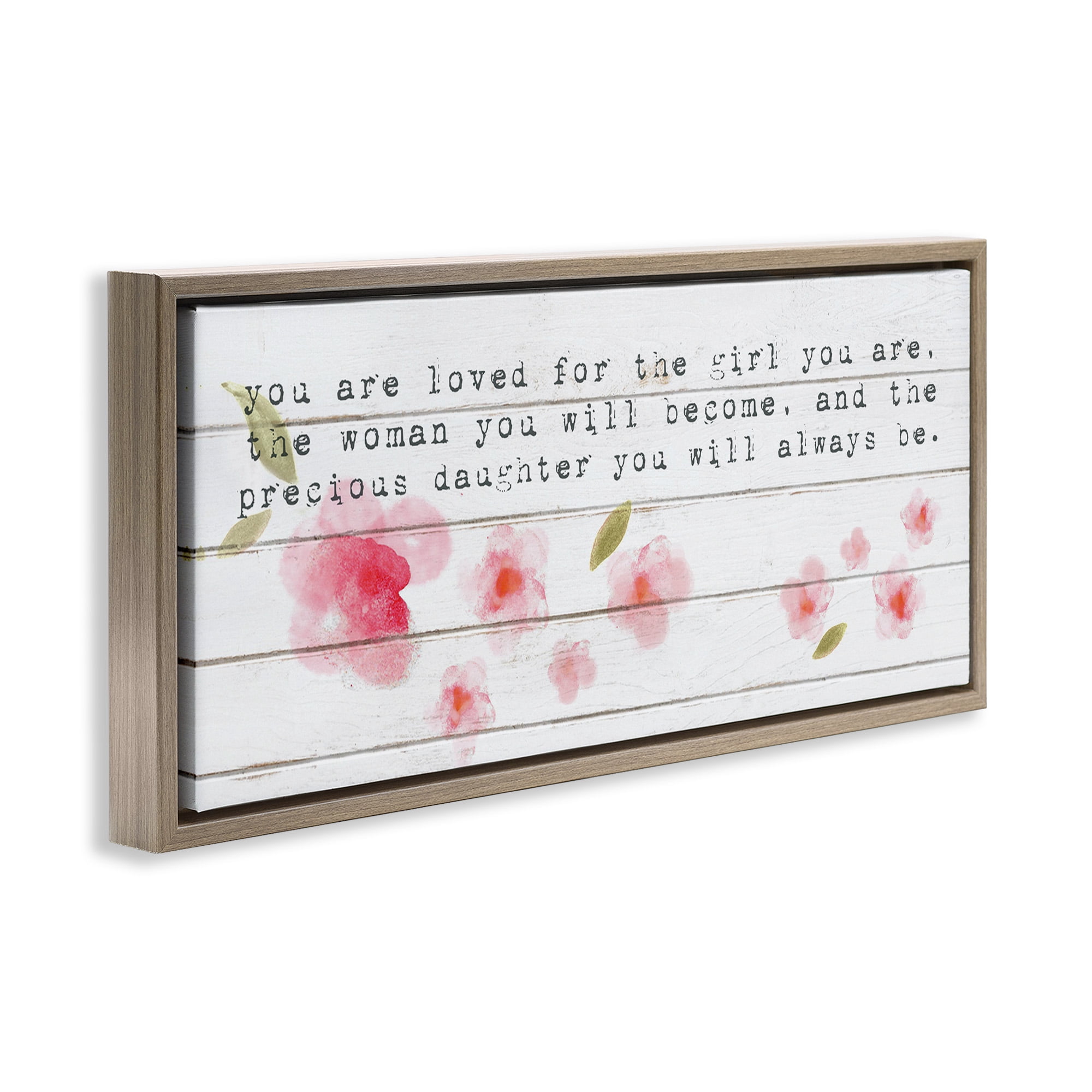 Stupell Industries Precious Daughter with Pink Flowers Art for Kids Painting Brown Floater Framed Canvas Art Print Wall Art, 31 x 14