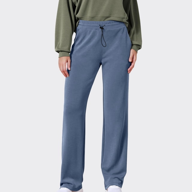 Lydiaunistar Womens Solid Color Drawstring Elastic Waist Pocket Casual Sport Long Pants for Women All Season Comfy Polyester Navy