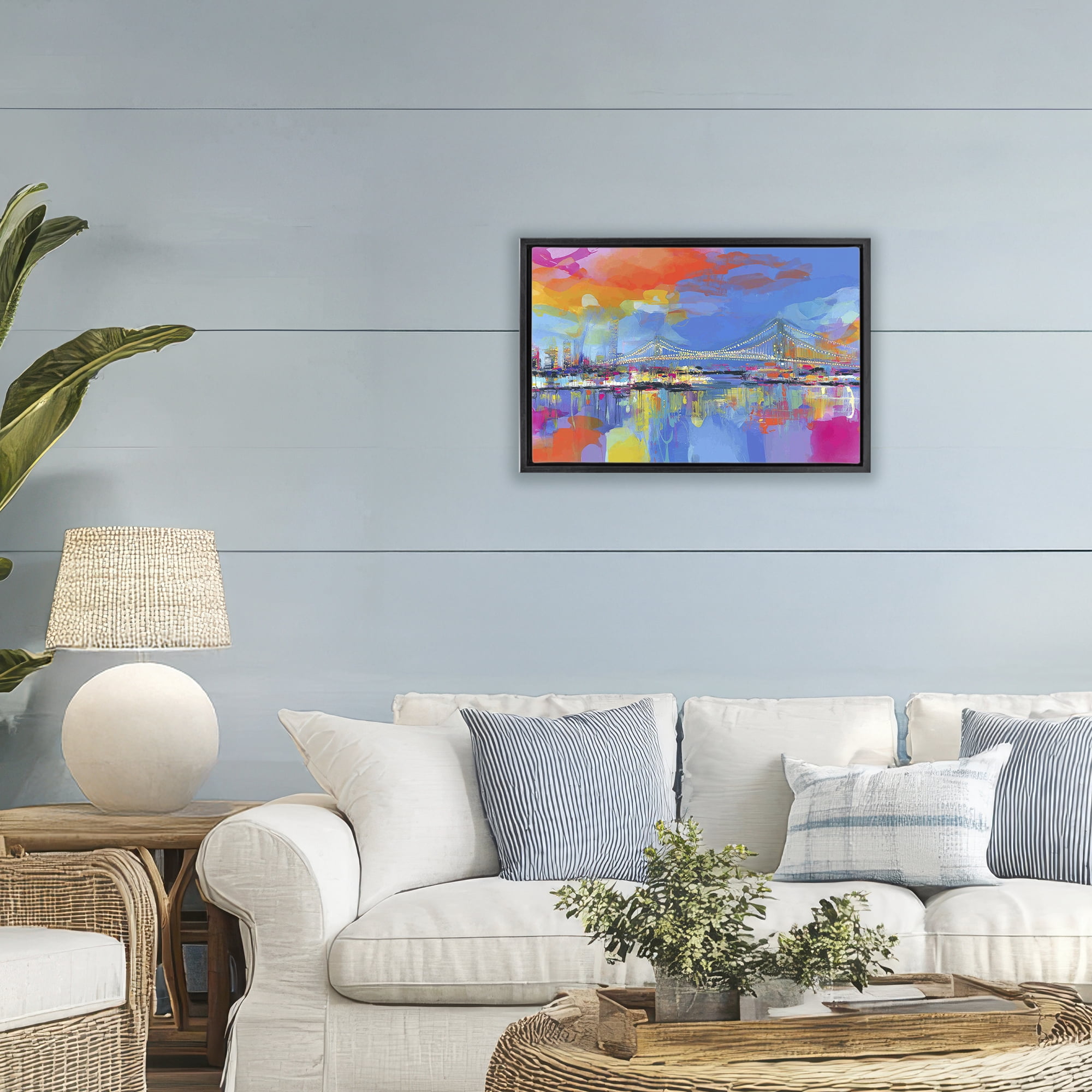 Stupell Industries Bay Bridge Aglow at Sunrise Black Framed Floater Canvas Wall Art, design by Chromatic Storm Studio