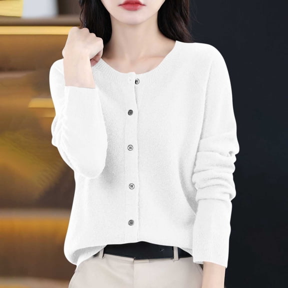DPTALR Women's Solid Color Long Sleeve Button-Up Round Neck Casual Fashion Sweater,White,Size XXL