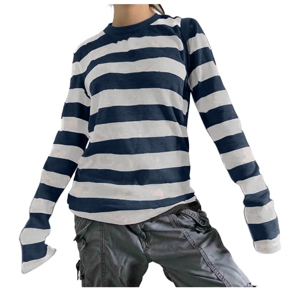 aohooy Womens Long Sleeve Striped T Shirts Color Block Y2k Gothic Oversized Sweatshirts Tops for Teen Girl Pullover Sweater 2026 Beige,L