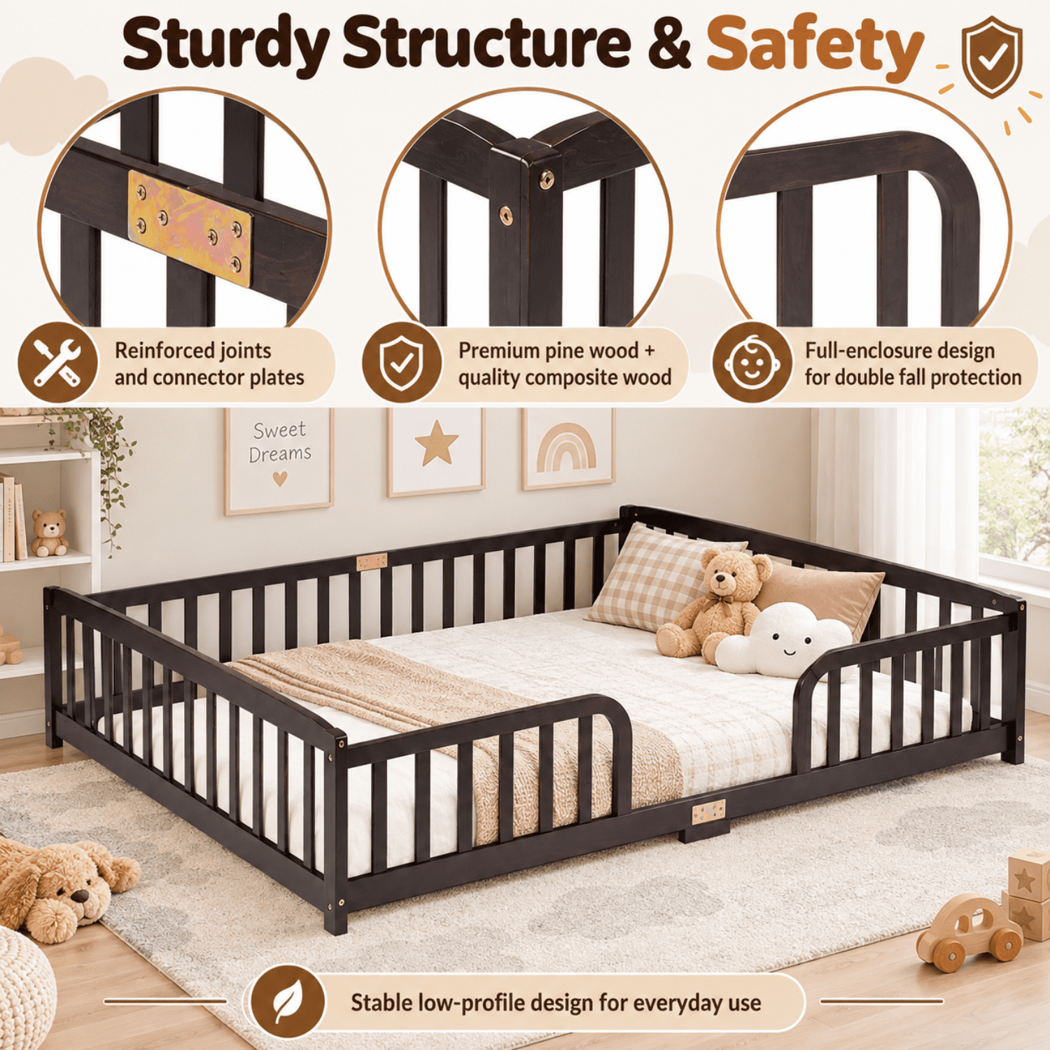 Miniyam Queen Size Kids Floor Bed with Guardrails, Low-to-Ground Montessori Wood Bed, Espresso