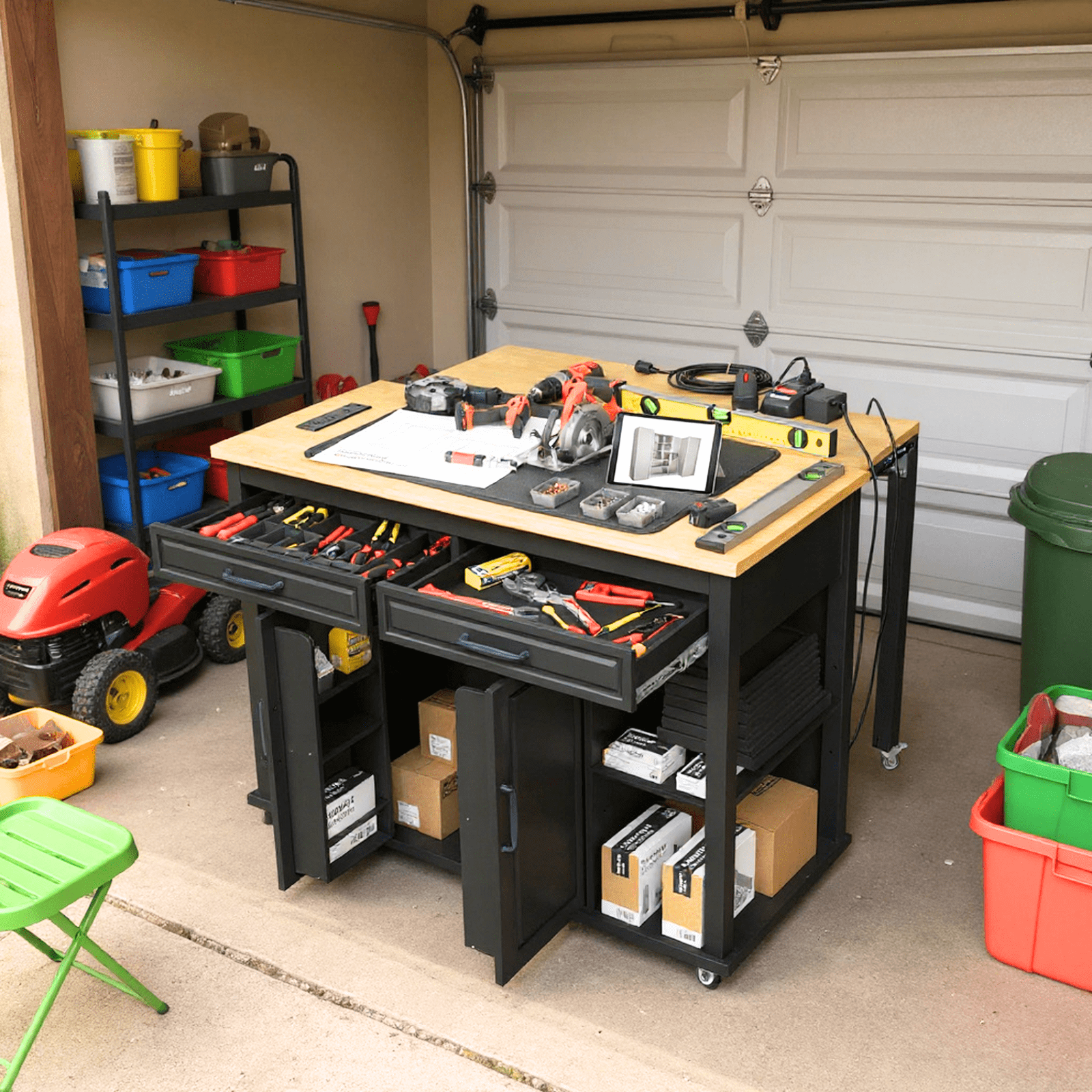 Homy Casa 47" Garage Cabinet with Internal Storage Rack, Power Outlet, Adjustable Shelves, Black