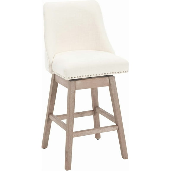 27.5" Counter Height Bar Stool, Linen Fabric Mid Century Modern Swivel Barstool with Back & Wood Legs Upholstered Counter Chair for Home Bar/Dining Room/Restaurant, Cream