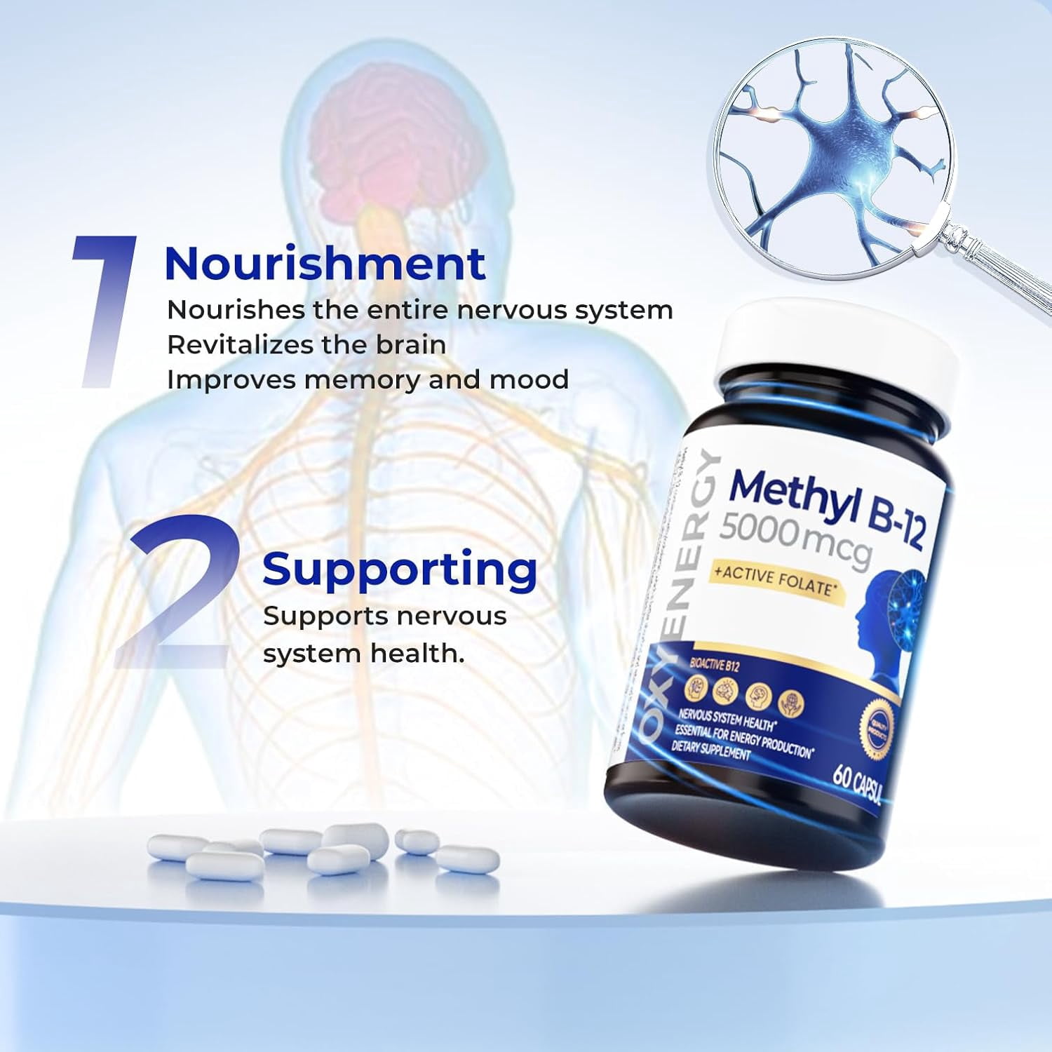 OxyEnergy Methyl Vitamin B12 5000mcg Dietary Supplement with Folate, Nerve & Energy Support, 60 Capsules
